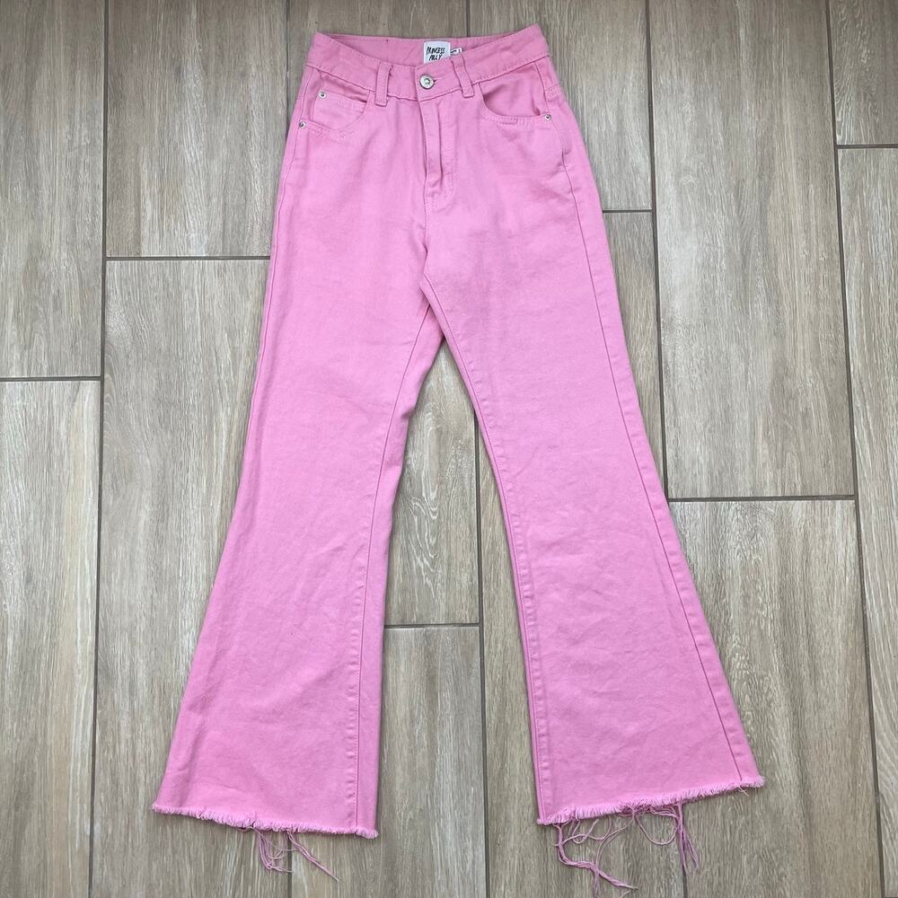 Princess Polly Jeans Womens 0 Pink High Rise Flare Raw Hem Y2K Denim Pants